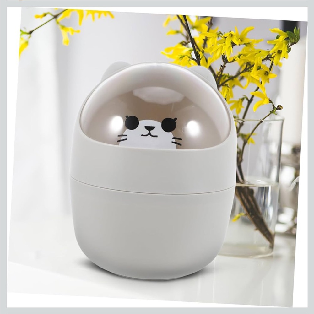 Cute Desk Trash Can with Flip Lid Cartoon Cat Small Table Top Plastic Trash
